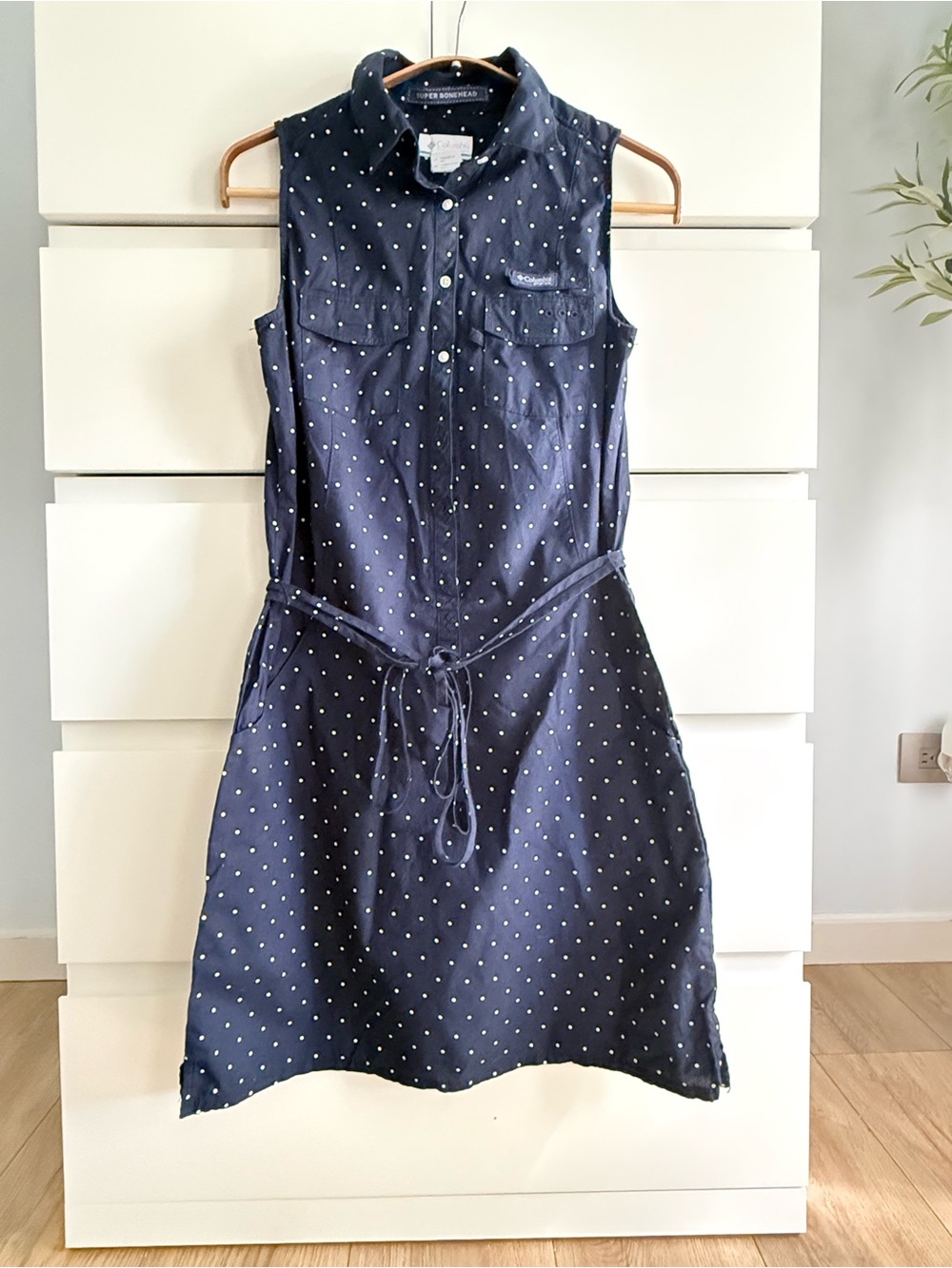 Columbia PFG Super Bonehead Navy Polka Dot Sleeveless Dress – Women’s XS